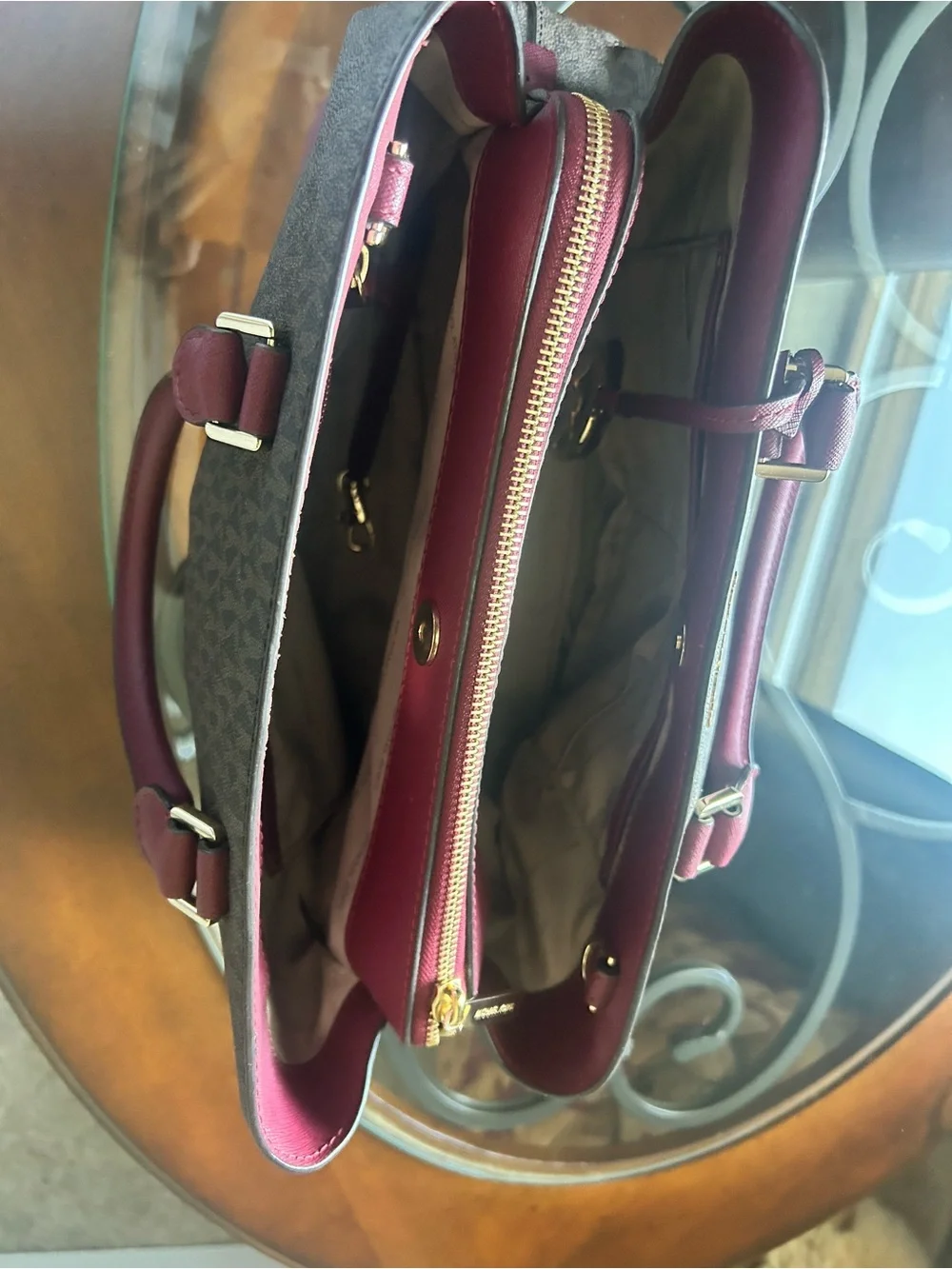 Michael Kors Brown MK Logo Satchel with Burgundy Accents